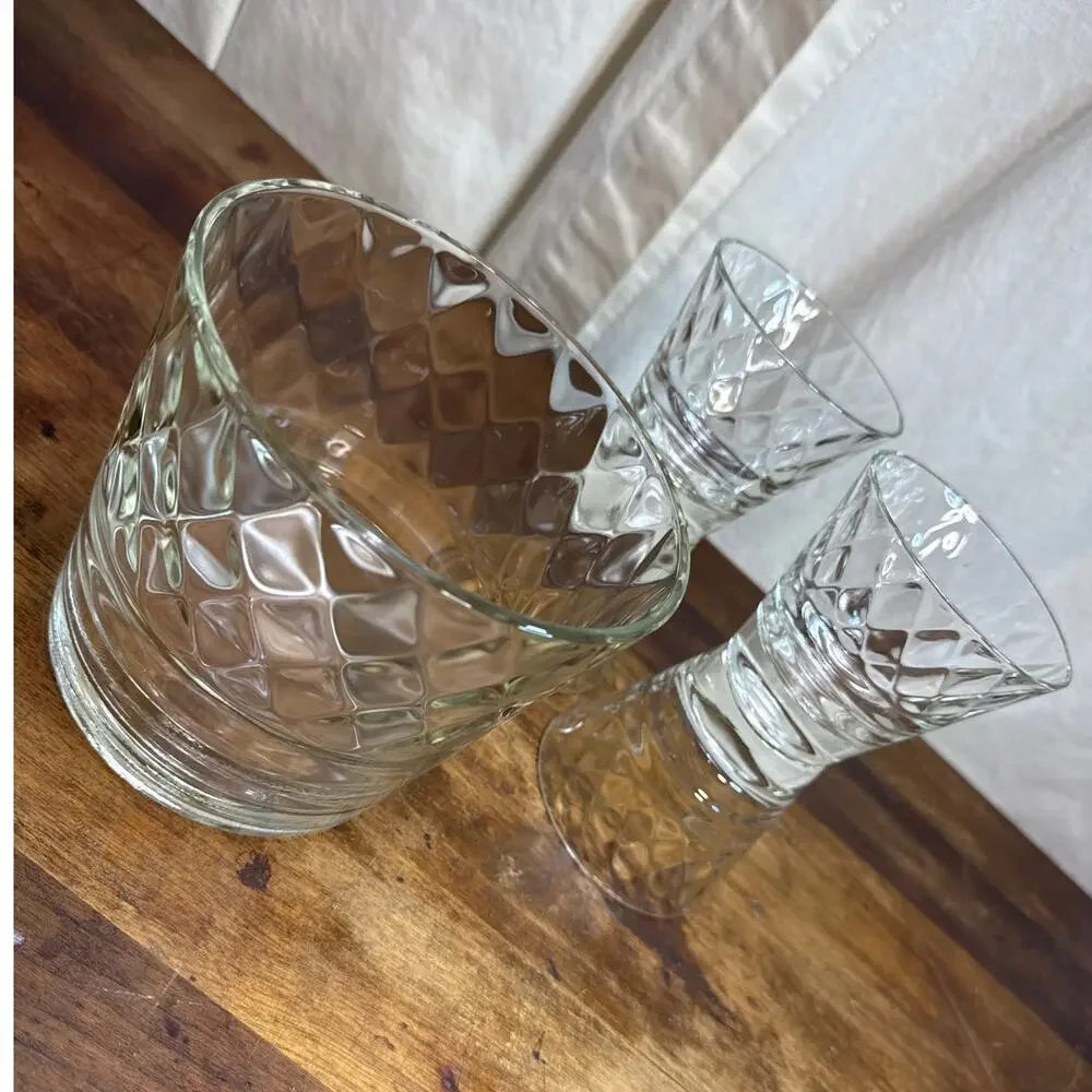 Glass Ice Bucket & 4 Cups Diamond Pattern Vintage Clear Thick Cut MCM Barware